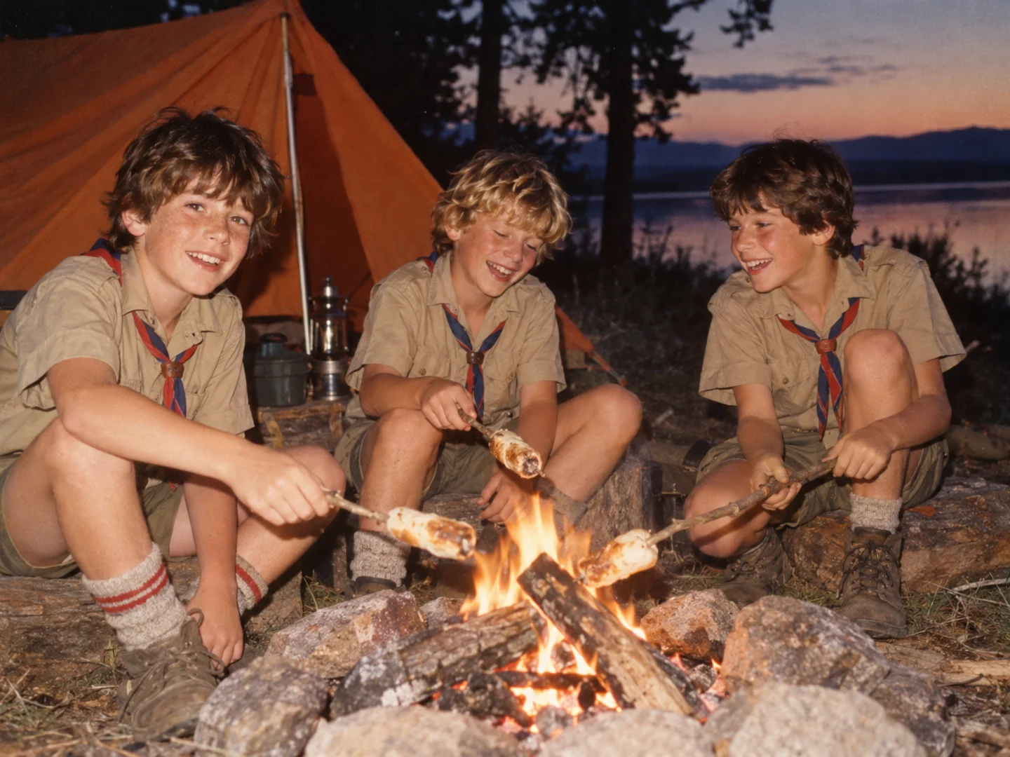 Childhood friends around a campfire at scout camp
