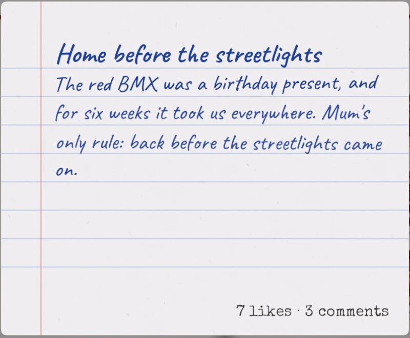 The back of a photo with a handwritten memory and its likes and comments