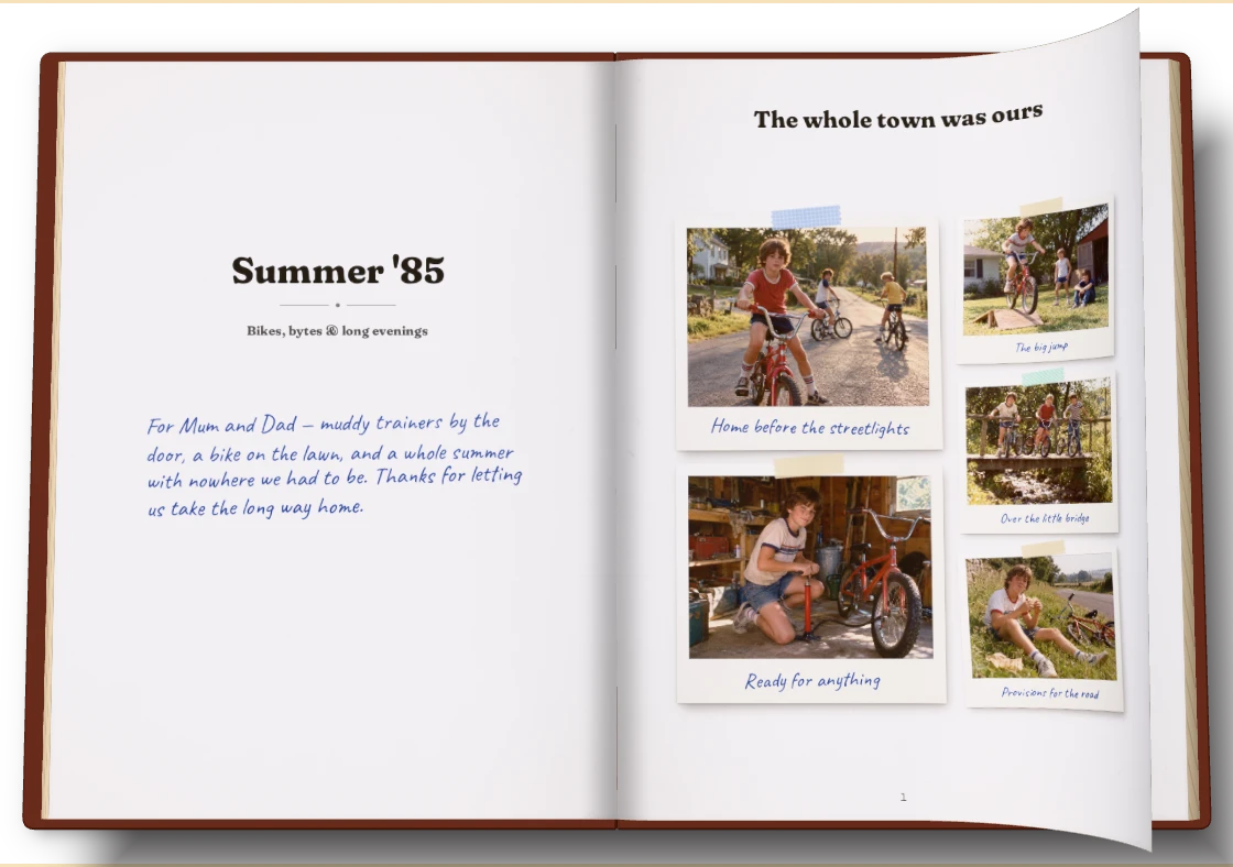 An open album with a page curling over, showing polaroids taped onto white paper
